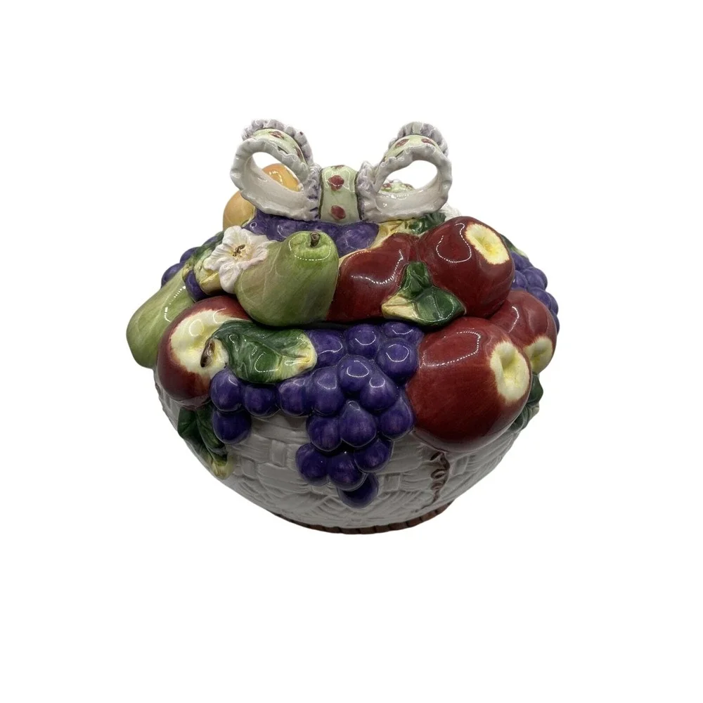 Ceramic Fruit Basket Lidded Trinket Dish Candy Bowl Figurine Apples Grapes Pears
